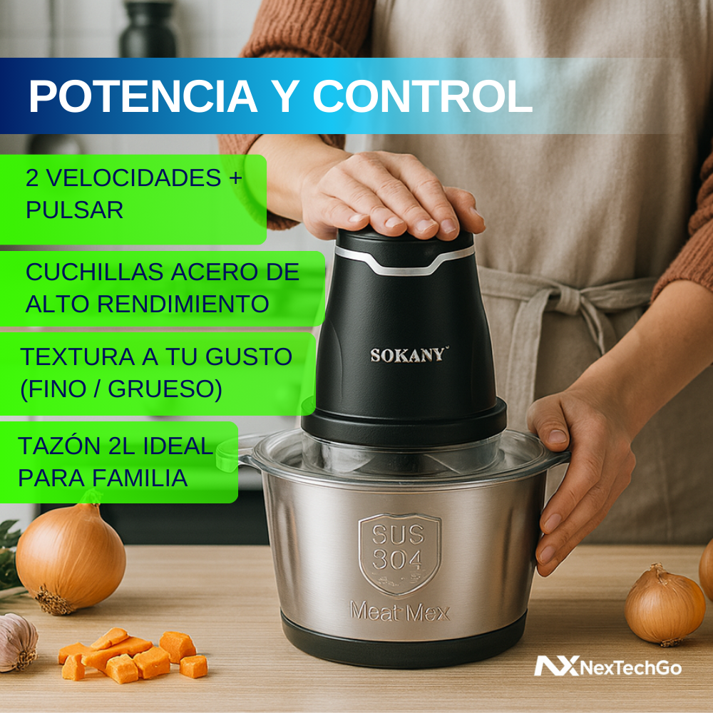 TurboChefGo - Procesador de Alimentos con Bol de Acero Inoxidable de 2L (Gran capacidad)